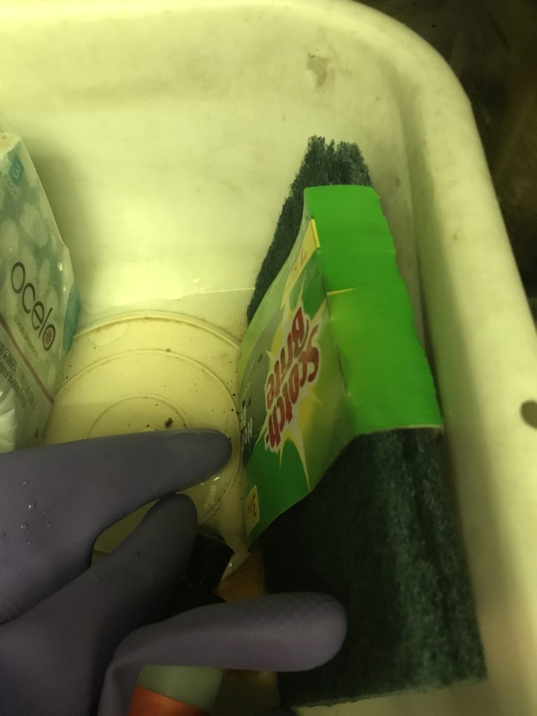 grubby white dish-basin holding scrub-sponges, other gear, and 1/4” water
